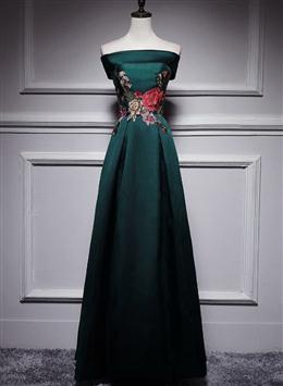 Picture of Dark Green Satin Off Shoulder Floor Length Satin Party Dresses, Green Prom Dresses Formal Dresses